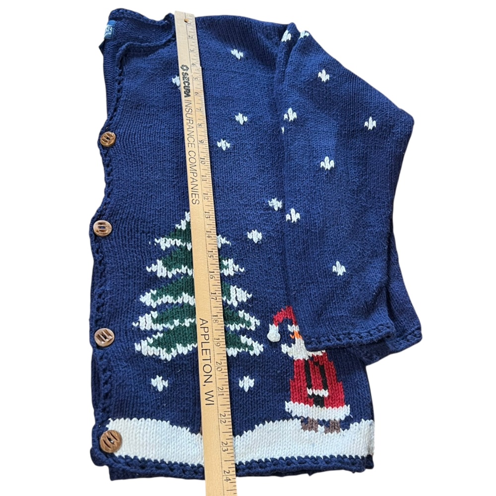 Rey Wear Hand Knit Vintage Christmas Cardigan Sweater Blue Santa Size Large - Picture 5 of 8